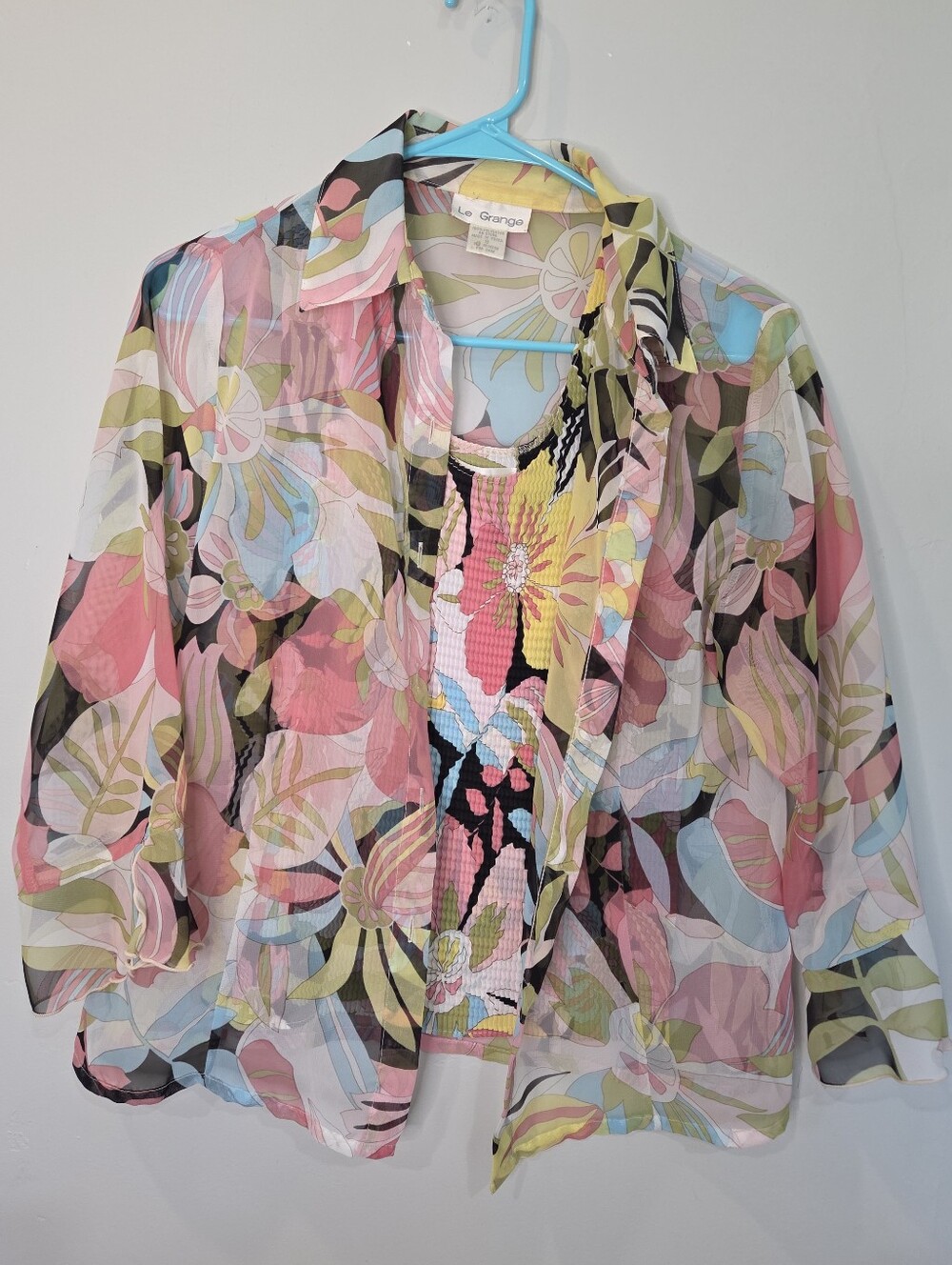 Vintage Le Grange Button Up Blouse & Pleated Tank Set Size Small Floral Sheer